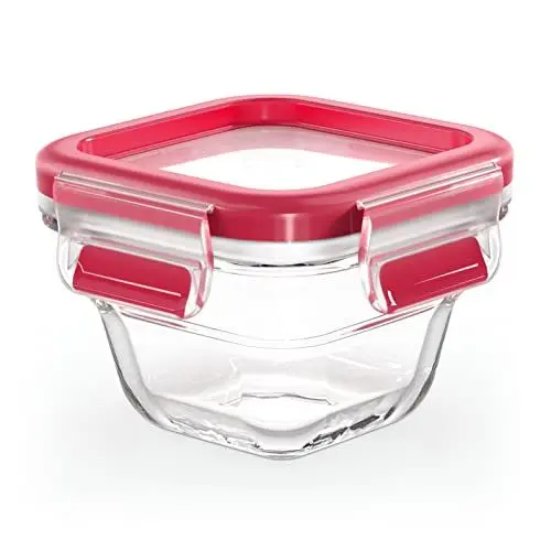 Produktbild: Emsa N10413 Clip & Close Glas Frischhaltedose quadratisch | 0,18 L | stapelbar | gefrierfest | backofenfest | mikrowellenfest | rutschfestes Stapeln | 100% dicht | spülmaschinenfest | Transparent/Rot