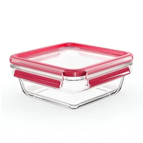 Produktbild: Emsa N10414 Clip & Close Glas Frischhaltedose quadratisch, 0,8 L, stapelbar, gefrierfest, backofenfest, mikrowellenfest, rutschfestes Stapeln, 100% dicht, spülmaschinenfest, Transparent/Rot