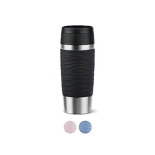 Produktbild: Emsa Travel Mug 360ml Wave Thermobecher, neuer Komfort-Schraubverschluss, Isolierbecher Edelstahl, 4h heiß und 8h kalt, 100% dicht, spülmaschinenfest, 360°-Trinköffnung, schwarz, N20212