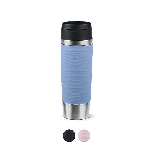 Produktbild: Emsa Travel Mug 500 ml Wave Thermobecher, neuer Komfort-Schraubverschluss, Kaffeebecher to go Edelstahl, 6h heiß und 12h kalt, 100% dicht, spülmaschinenfest, 360°-Trinköffnung, pastellblau, N20226