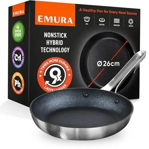 Produktbild: Emura Antihaft Bratpfanne | 26cm Frying Pan. Aluminium Pfanne, Langlebig, PFOA- und PTFE-frei, kratzfest, Pfanne induktions- und backofengeeignet, Alle Herdarten