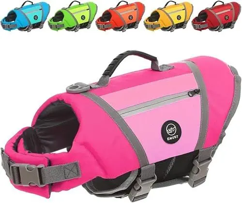 Produktbild: EMUST Hundeschwimmwesten zum Schwimmen, verstellbare Hundeschwimmwesten für kleine Hunde mit Haken & Schlaufe, reflektierende Hundeschwimmweste mit Schnellverschlussschnallen für Bulldoggen, S Rosa