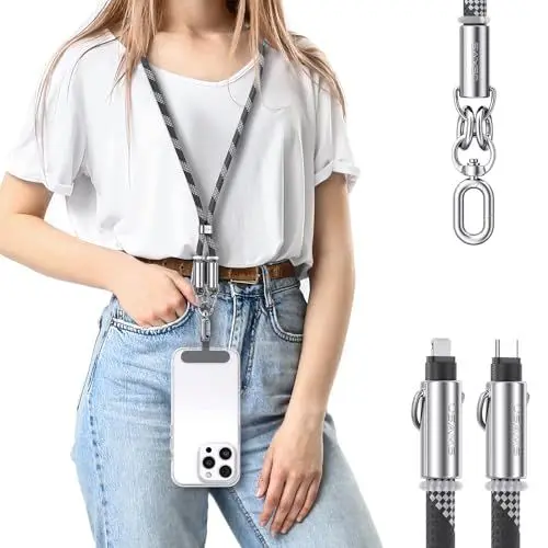 Produktbild: enablink Handykette, Geeignet für alle Smartphones mit 2 Stück Universelles Patch, 30W USB C auf USB IP Kabel Hafen Schnellladekabel Handyband Einstellbar und Abnehmbar Schwarz