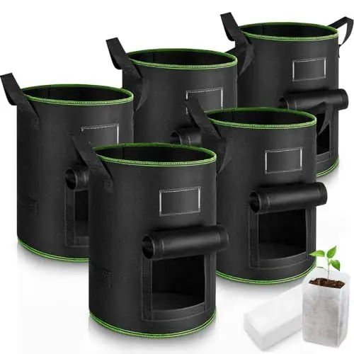 Produktbild: Enbagold Kartoffel Pflanzsack, 5 Stück 30L Pflanzsäcke mit 60 Pcs Samen Pflanzbeutel, Vliesstoff Stofftöpfe Pflanztasche mit Griffe, Pflanztopf für Kartoffeln, Tomaten, Erdbeeren
