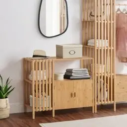 Produktbild: (en.casa) Beistellschrank Varanger Sideboard mit 2 Türen Badschrank Waschbeckenunterschrank Bambusschrank für Wohnzimmer Badezimmer 93,5x40x80cm