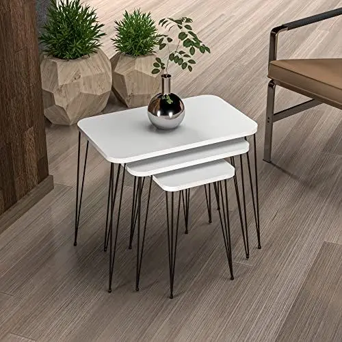 Produktbild: (en.casa) Beistelltisch-Set Rudkøbing Satztisch 3er Set Weiß Wohnzimmertisch mit eckiger Tischplatte Hairpinlegs Metall Sofatisch