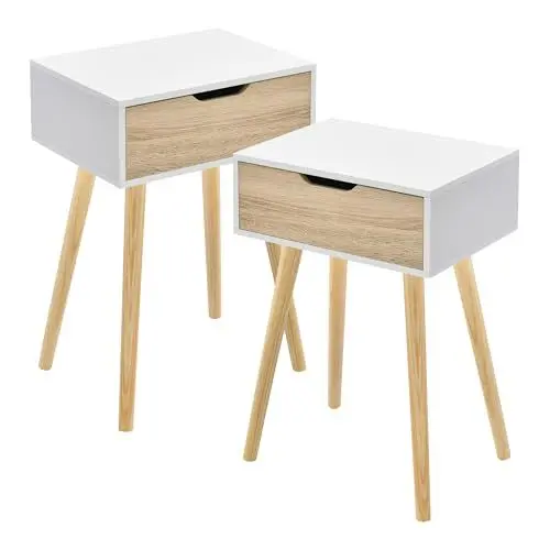 Produktbild: (en.casa) Beistelltisch 2er Set Östersund Wohnzimmertisch 60 x 40 x 30 cm Nachttisch mit Schublade Sofatisch Nebentisch Kaffeetisch Weiß/Eiche