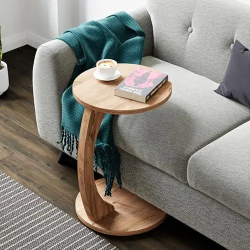 Produktbild: (en.casa) Beistelltisch Holeby Couchtisch Sofatisch auf Rollen Betttisch Laptoptisch C-Form Wohnzimmertisch Rolltisch runde Tischplatte Kaffeetisch 56 x Ø 38 cm Abstelltisch Holzoptik