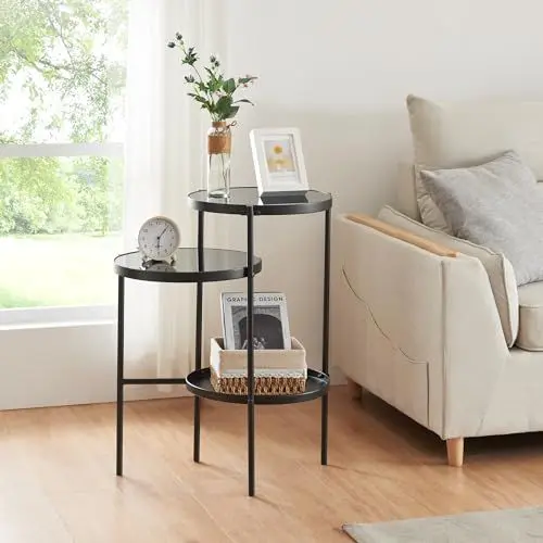 Produktbild: (en.casa) Beistelltisch Mölndal Wohnzimmertisch mit 3 Ablagen 70 x 58 x 37 cm Nachttisch Schwarz Abstelltisch Kaffeetisch Metall Glas Sofatisch