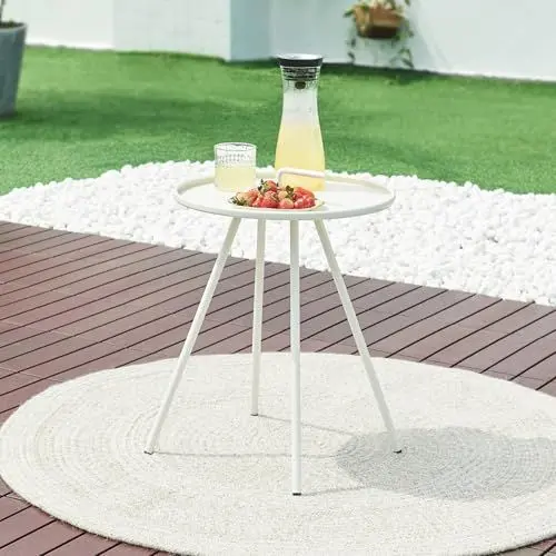 Produktbild: (en.casa) Beistelltisch Outdoor Fosen mit Tragegriff Kaffeetisch Gartentisch 55 x Ø 42 cm Balkontisch Terassentisch rund Grilltisch Sofatisch Nebentisch Stahl Weiß