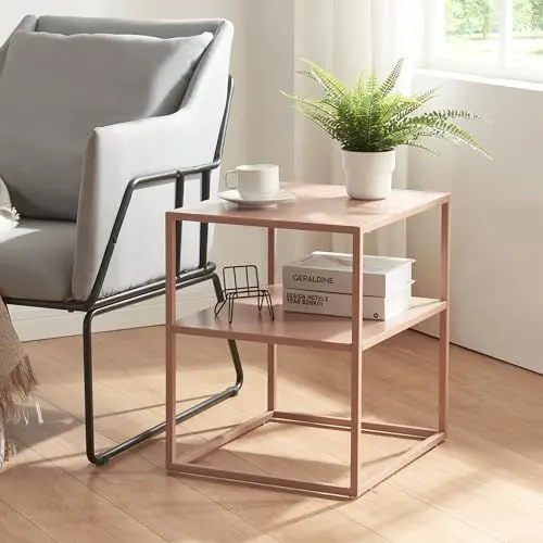 Produktbild: (en.casa) Beistelltisch Raahe Kaffeetisch mit Ablage Sofatisch aus Stahl Nachttisch 50 x 45 x 40 cm Couchtisch Hellbraun