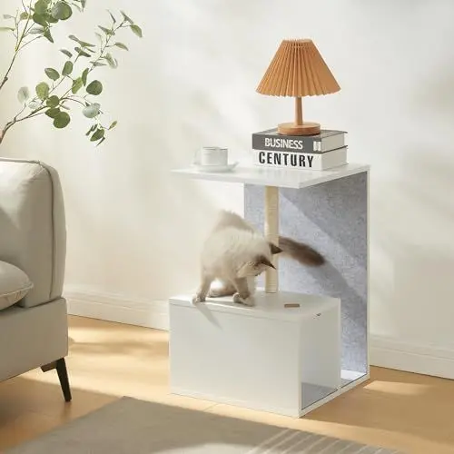 Produktbild: (en.casa) Beistelltisch mit Kratzsäule Masfjorden Wohnzimmertisch mit Kratzbaum Sisal 60 x 40 x 40 cm Weiß Katzenmöbel filzbeschichtet Haustierzubehör