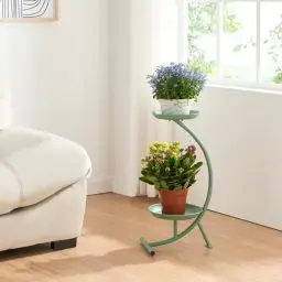 Produktbild: (en.casa) Blumenständer Aalten Pflanzenständer in Halbmondform Pflanzenregal mit 2 Ablagen Blumenregal Metall 61,5x30x25cm Grün