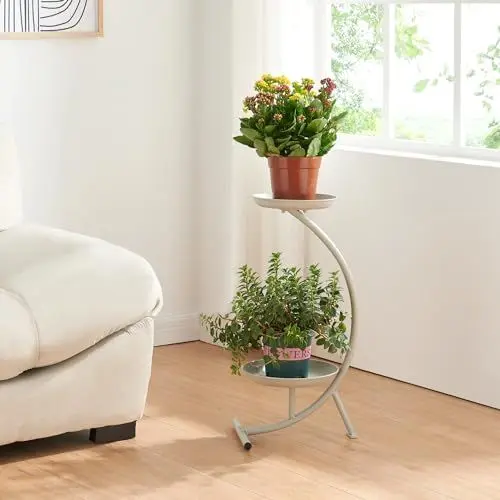 Produktbild: (en.casa) Blumenständer Aalten Pflanzenständer in Halbmondform Pflanzenregal mit 2 Ablagen Blumenregal Metall 61,5x30x25cm Hellgrau