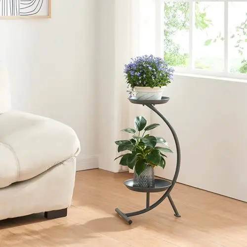 Produktbild: (en.casa) Blumenständer Aalten Pflanzenständer in Halbmondform Pflanzenregal mit 2 Ablagen Blumenregal Metall 61,5x30x25cm Schwarz
