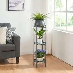 Produktbild: (en.casa) Blumenständer Altena Pflanzenständer mit Blumentopf und 2 Ablagen Metall Schwarz Pflanzenregal 94,5 x 27 x 27 cm Blumensäule für innen Blumentopfständer