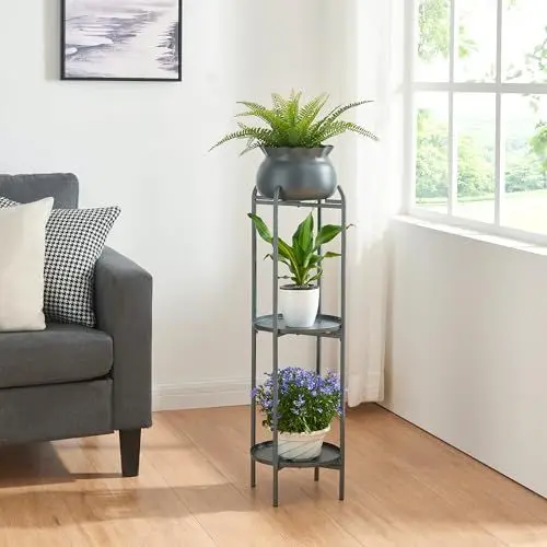 Produktbild: (en.casa) Blumenständer Altena Pflanzenständer mit Blumentopf und 2 Ablagen Metall Schwarz Pflanzenregal 94,5 x 27 x 27 cm Blumensäule für innen Blumentopfständer