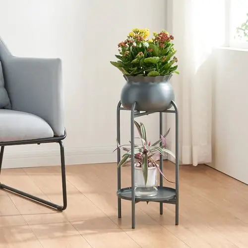 Produktbild: (en.casa) Blumenständer Altena Pflanzenständer mit Blumentopf und Ablage Metall Schwarz Pflanzenregal 80,5 x 40 x 40 cm Blumensäule für innen Blumentopfständer