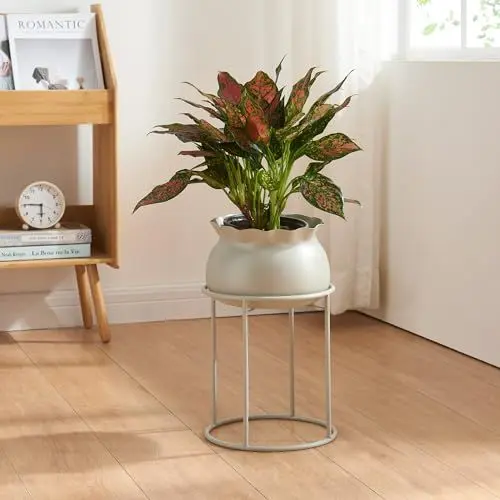 Produktbild: (en.casa) Blumenständer Assen Pflanzenständer mit Blumentopf Metall Hellgrau Pflanzenregal 38 x 23,5 cm Blumensäule für innen Blumentopfständer