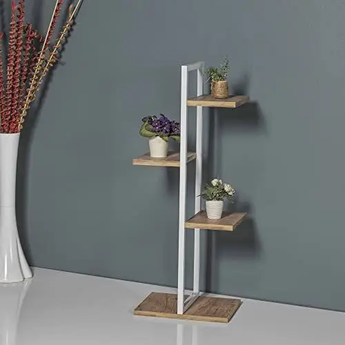 Produktbild: (en.casa) Blumenständer Blaabjerg 4 Ebenen Blumenregal 90x35x26cm Pflanzenständer Indoor Pflanzenregal Wohnzimmer Weiß/Walnuss-Optik