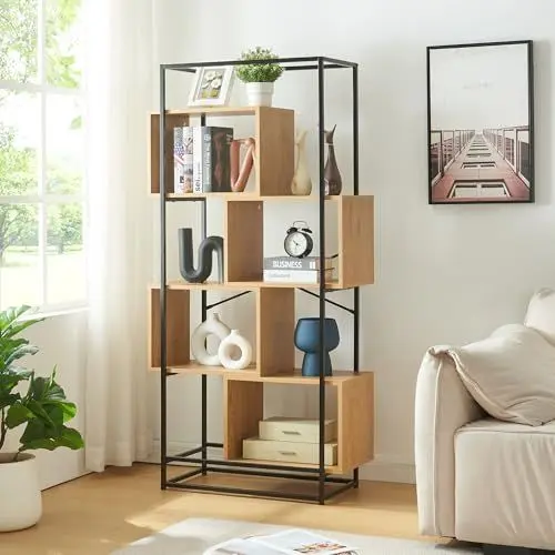 Produktbild: (en.casa) Bücherregal Rennebu Standregal 160 x 80 x 33 cm Raumteiler Mehrzweckregal mit 4 Fächern Regal mit Metallgestell Schwarz/Eiche