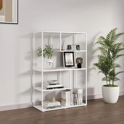 Produktbild: (en.casa) Bücherregal Sievi Standregal mit 4 Ablagen CD-Regal 126 x 85 x 35 cm Metallregal für Wohnzimmer Schlafzimmer Weiß, matt