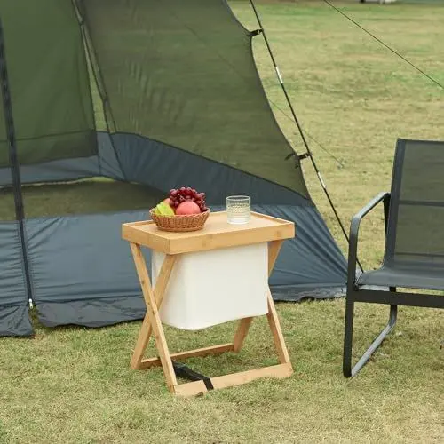 Produktbild: (en.casa) Campingtisch Hattfjelldal Picknicktisch mit Tasche aufklappbarer Outdoor-Tisch Gartentisch mit abnehmbarem Tablett 53x48x32cm Bambus