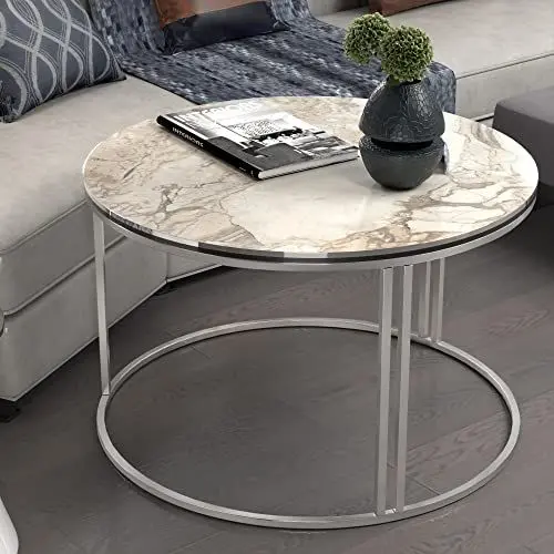 Produktbild: (en.casa) Couchtisch Aulum Beistelltisch 50 x 70 cm Kaffeetisch aus Spanplatte und Metall Sofatisch für Wohnzimmer Schlafzimmer Marmor, weiß/Silber