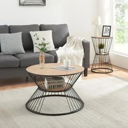 Produktbild: (en.casa) Couchtisch Fossbergom Wohnzimmertisch mit unterer Ablage Sofatisch rund Metalltisch Kaffeetisch 42 x 70 cm Schwarz/Eiche-Optik