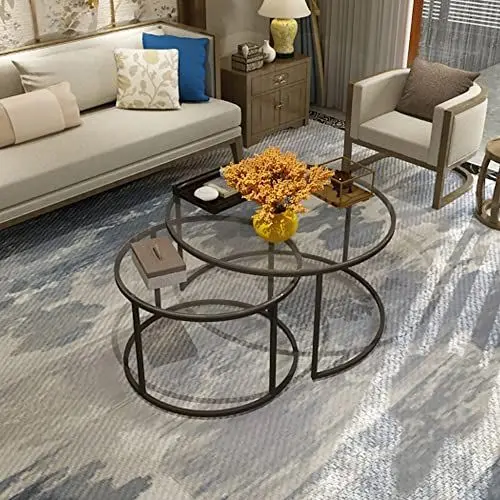 Produktbild: (en.casa) Couchtisch Rund 2er Set - gehärteter Glastisch für Wohnzimmer, Wohnzimmertisch rund Glas, Sofa Tisch, Couchtisch schwarz rund, Sofatisch, Couch Tisch, Kleiner runder Tisch Wohnzimmer