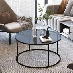 Produktbild: (en.casa) Couchtisch Kolari 45 x 80 cm Beistelltisch Wohnzimmertisch Glastisch Sofatisch rund Rauchglas 4 mm Schwarz