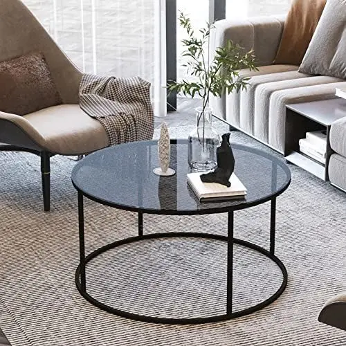 Produktbild: (en.casa) Couchtisch Kolari 45 x 80 cm Beistelltisch Wohnzimmertisch Glastisch Sofatisch rund Rauchglas 4 mm Schwarz