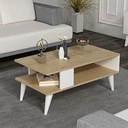 Produktbild: (en.casa) Couchtisch Lycksele Beistelltisch Wohnzimmertisch mit Stauraum rechteckig Eiche-Optik Weiß mit unterer Ablage Sofatisch