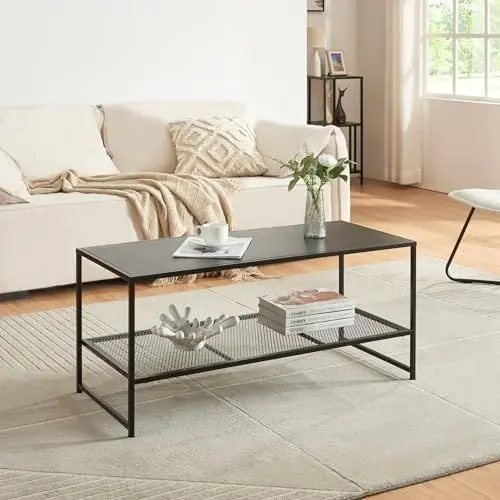 Produktbild: (en.casa) Couchtisch Ruokolahti mit Gitterablage Sofatisch im Industrie Design Wohnzimmertisch Kaffeetisch mit Stahlgestell 102 x 43 x 46 cm Schwarz