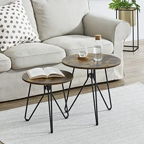 Produktbild: (en.casa) Couchtisch Väsby im 2er Set Beistelltisch rund Sofatisch mit Hairpinbeinen Wohnzimmertisch Dunkler Holzton/Schwarz