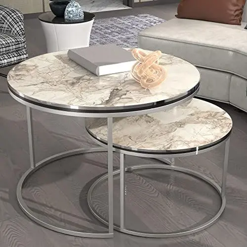Produktbild: (en.casa) Couchtisch 2er Set Skagen Wohnzimmertische Beistelltische rund Satztisch Metallgestell Marmoroptik, weiß/Silberfarben