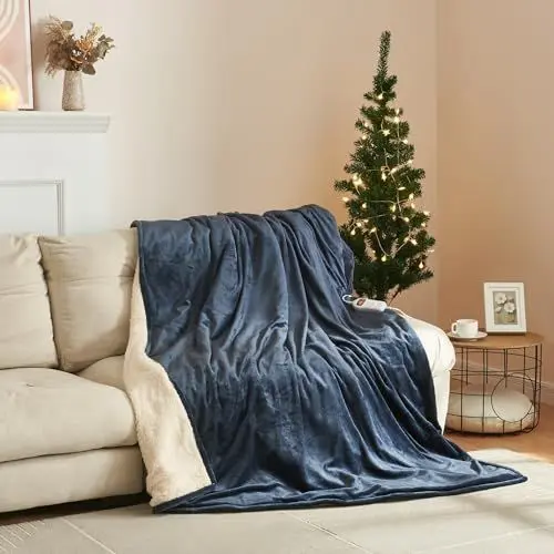 Produktbild: (en.casa) Elektrische Heizdecke Archi 200 x 150 cm Wärmedecke mit Abschaltautomatik inkl. Controller beheizbare Decke 10-Stunden Timer Thermodecke mit 10 Heizstufen Überhitzungsschutz Dunkelblau