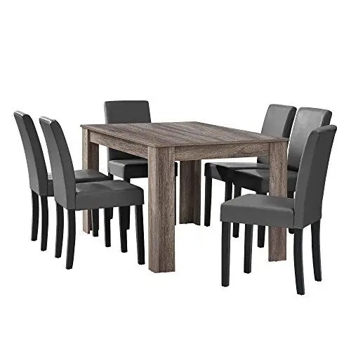 Produktbild: (en.casa) Esstisch Eiche antik mit 6 Stühlen dunkelgrau Kunstleder gepolstert 140x90 Essgruppe Esszimmer