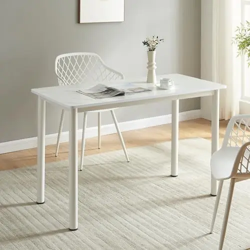 Produktbild: (en.casa) Esstisch Tammela für 4 Personen 120 x 60 cm Esszimmertisch rechteckige Tischplatte Küchentisch Marmor-Optik, weiß Stahlbeine