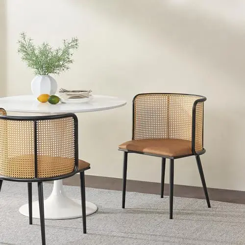 Produktbild: (en.casa) Esszimmerstuhl Flen Stühle Esszimmer 2er Set Rattan Braun 2 x Stuhl Küchenstühle Kunstleder Polsterstuhl Metallbeine in Schwarz