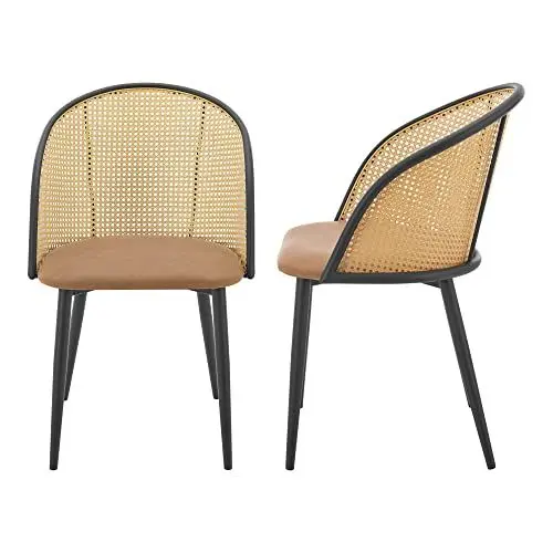 Produktbild: (en.casa) Esszimmerstuhl Gagnef Stühle Esszimmer 2er Set Rattan Braun 2 x Stuhl Designstühle Kunstleder Polsterstuhl Metallbeine Schwarz