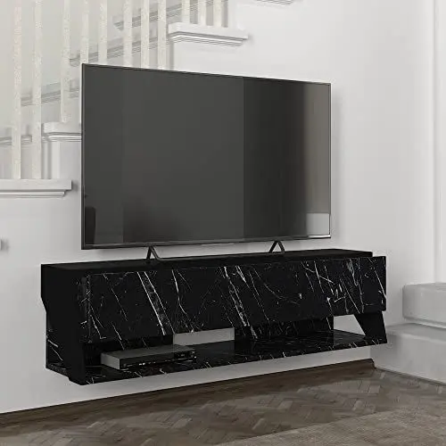 Produktbild: (en.casa) Fernsehschrank Kimitoön Fernsehtisch mit 2 Staufächern Lowboard 120x31,5x32,5cm hängend TV-Board Marmor, schwarz