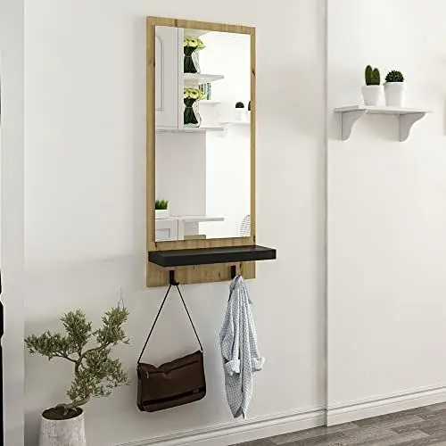 Produktbild: (en.casa) Garderobe Humlebæk Wandgarderobe mit Spiegel Ablage 2 Kleiderhaken Garderobenpaneel Artisan Eiche-Optik Schwarz Flurgarderobe