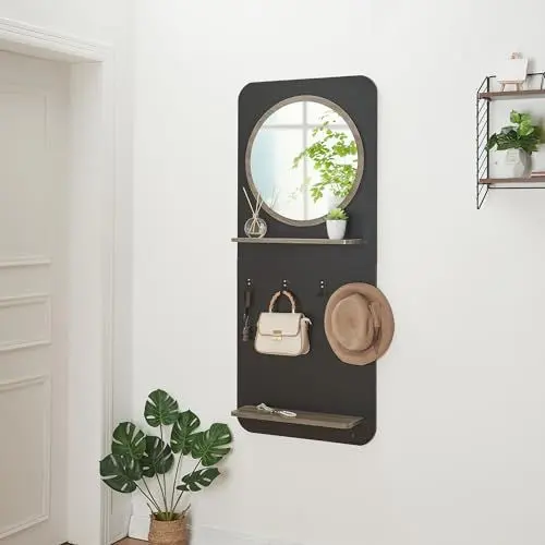 Produktbild: (en.casa) Garderobenpaneel Helsinge Wandgarderobe mit Spiegel Wandpaneeel mit 2 Ablagen und 4 Kleiderhaken Flurgarderobe Garderobe 140 x 60 x 16 cm Schwarz, matt