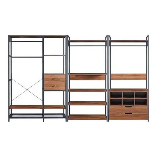 Produktbild: (en.casa) Garderobenständer 3er Set Larem Kleiderständer mit Metallgestell 4 Schubladen 5 Ablagen 6 Fächer offener Kleiderschrank mit 3 Kleiderstangen Standgarderoben Flurgarderoben Walnussoptik