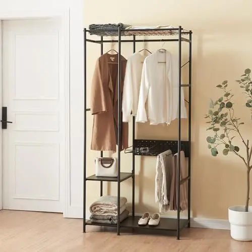 Produktbild: (en.casa) Garderobenständer Brønnøy Kleiderständer mit Ablagekorb und 4 Haken Schuhablage Kleiderregal mit Kleiderstange Freistehende Flurgarderobe aus Stahl 182x90x46cm Schwarz