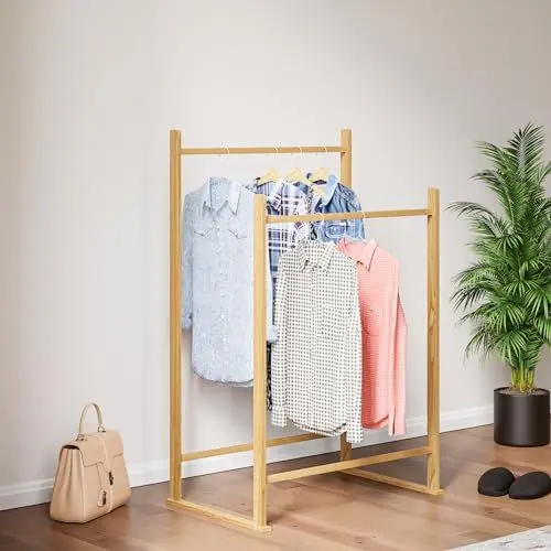 Produktbild: (en.casa) Garderobenständer Mariehamn Kleiderständer mit Kleiderstange Jackenständer Kleiderregal aus Kiefernholz Flurgarderobe Garderobe für Ankleidezimmer 122x80x50cm Natur