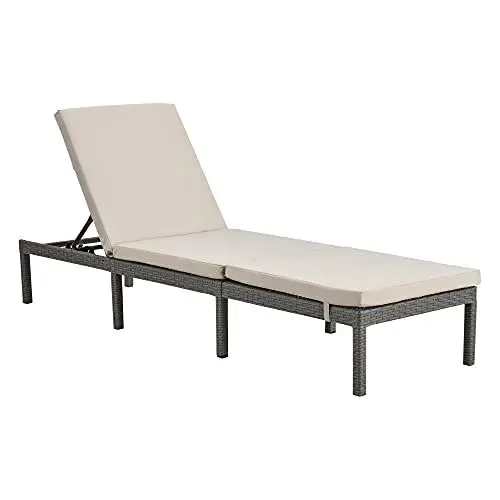 Produktbild: (en.casa) Gartenliege Cartes mit 5-stufig Verstellbarer Rückenlehne Relaxliege Sonnenliege mit Polsterkissen bis 120 kg Polyrattan Beige