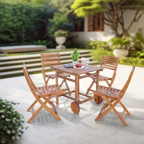 Produktbild: (en.casa) Gartenmöbelset Ancarano 5-TLG. Garten Essgruppe klappbar Gartentisch mit 4 Stühlen Sitzgarnitur Outdoor rollbarer Tisch Akazienholz geölt Klapptisch Klappstühle wetterfest