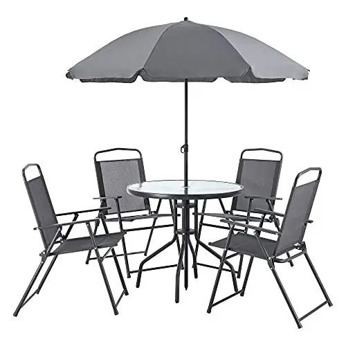 Produktbild: (en.casa) Gartenmöbelset Milagro 6-TLG. Loungeset Sitzgruppe Terasse Sitzgarnitur Tisch 4 Stühle und Sonnenschirm Witterungsbeständig Schwarz Dunkelgrau